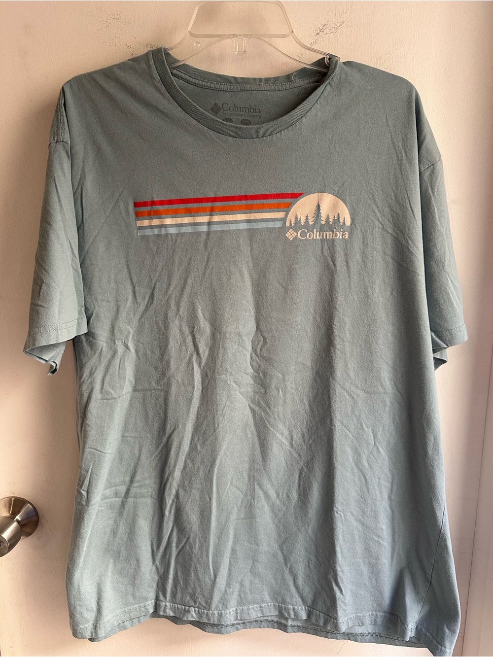 Columbia Blue Retro Stripe Graphic Logo T-Shirt Men's 2XL Outdoor Casual Tee